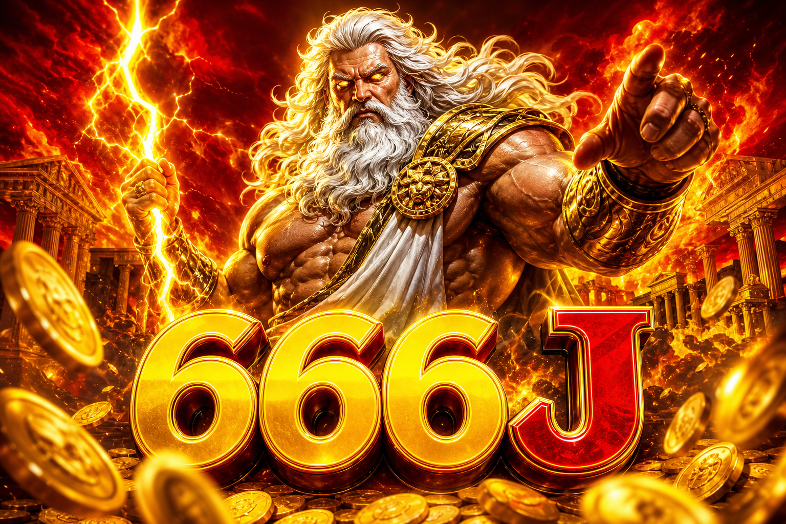 Banner 666J dengan Zeus api, latar merah, dan logo 666J.