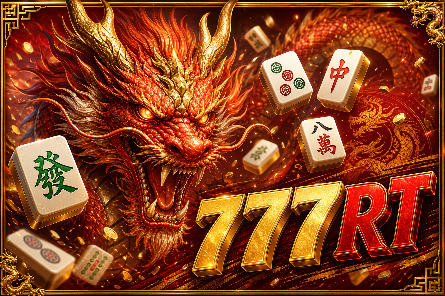 Banner 777RT dengan kepala naga merah, ubin mahjong, dan logo 777RT.