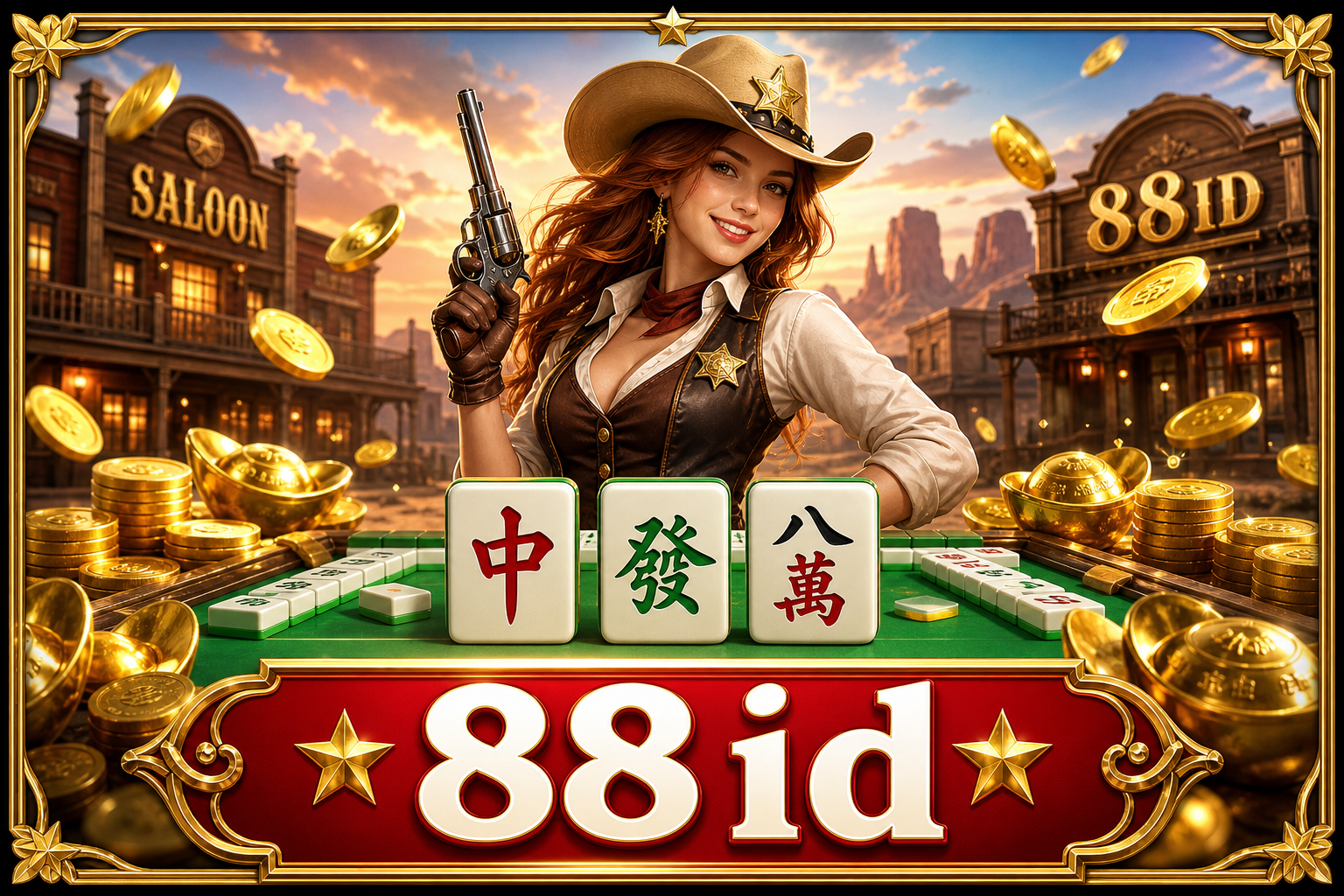Banner 88ID dengan karakter koboi, meja mahjong, dan logo 88id.