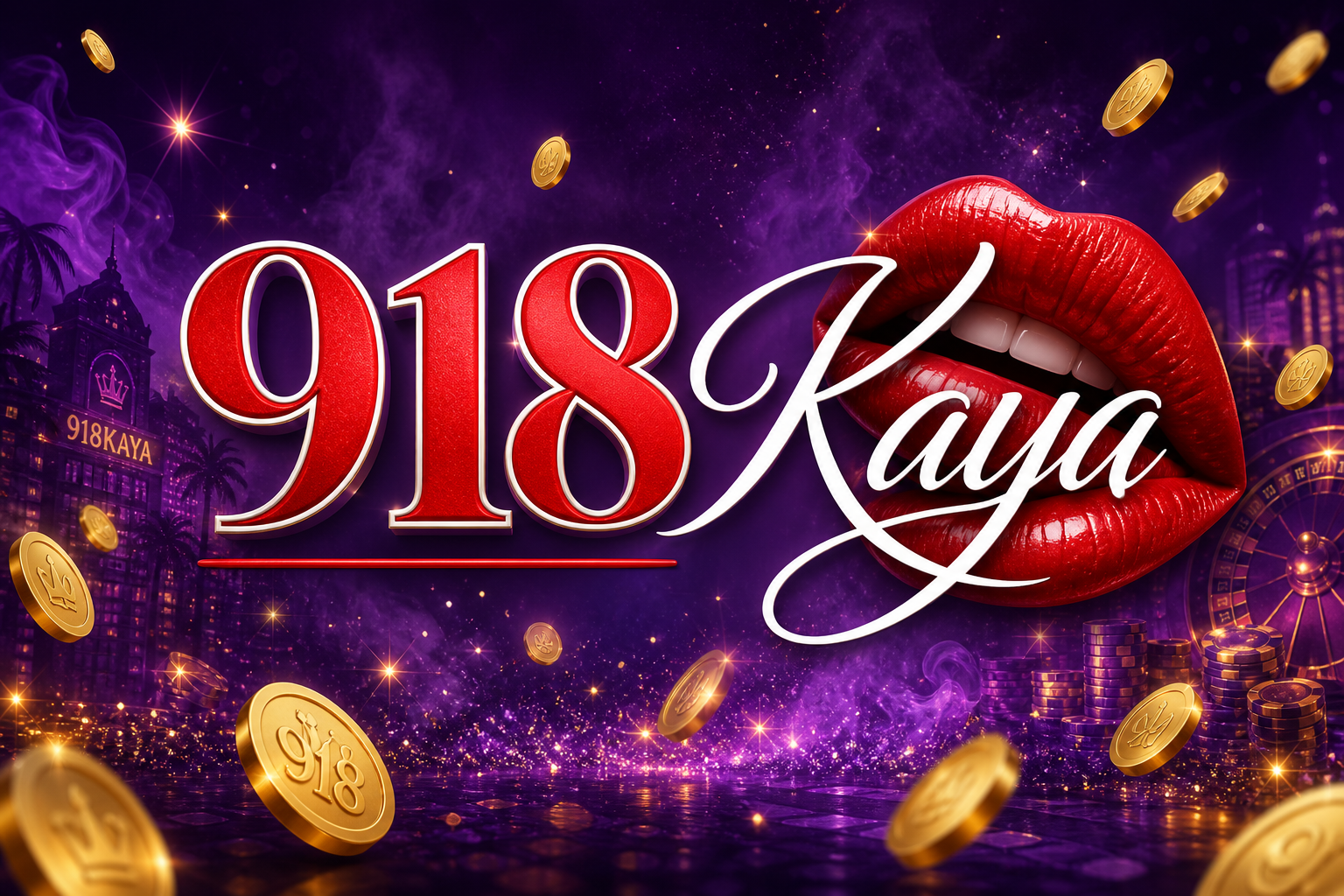 Banner 918Kaya dengan angka 918 merah, tulisan Kaya, dan bibir merah.