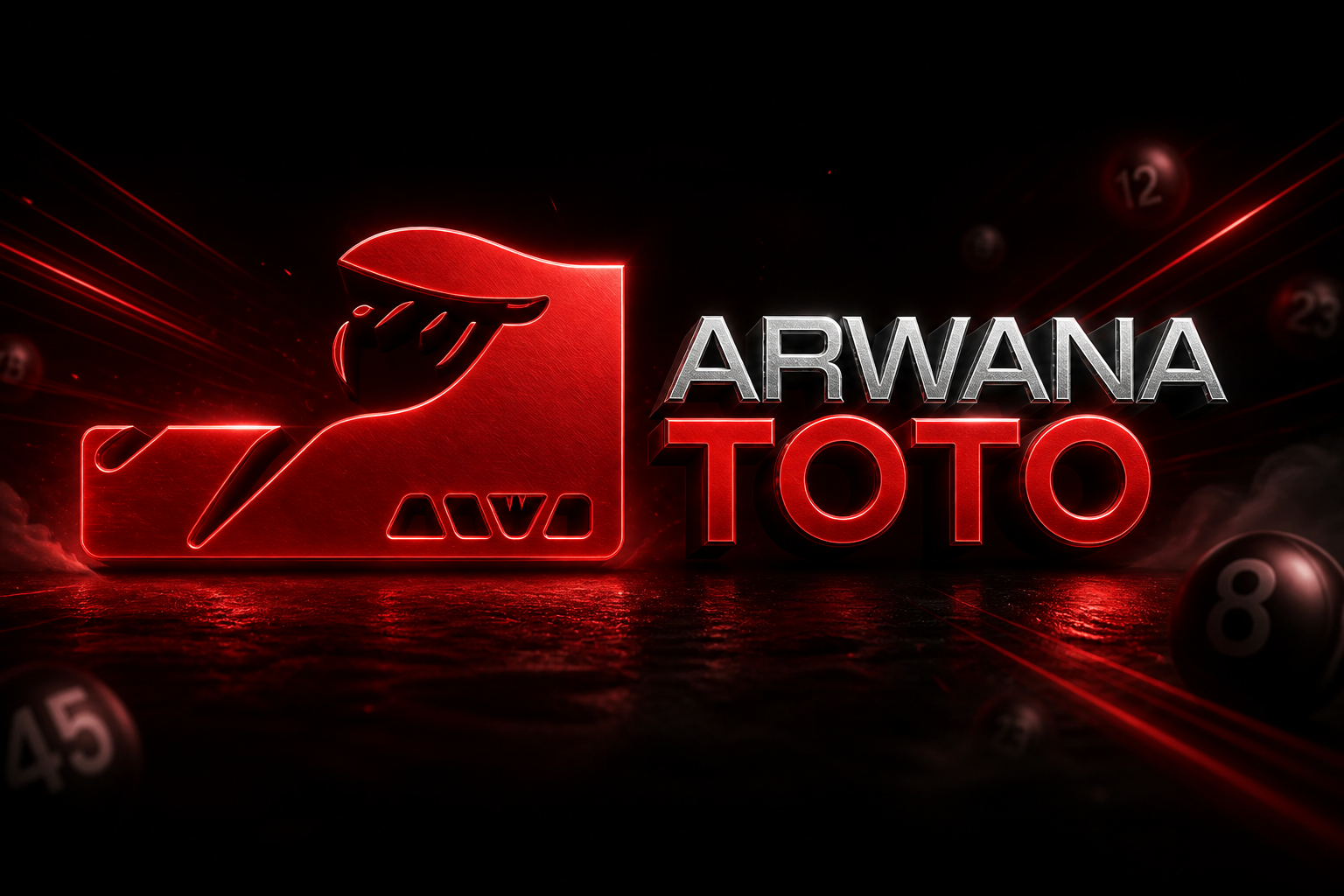 ARWANA TOTO: ikan arwana merah geometris, stempel AWA, teks TOTO merah.