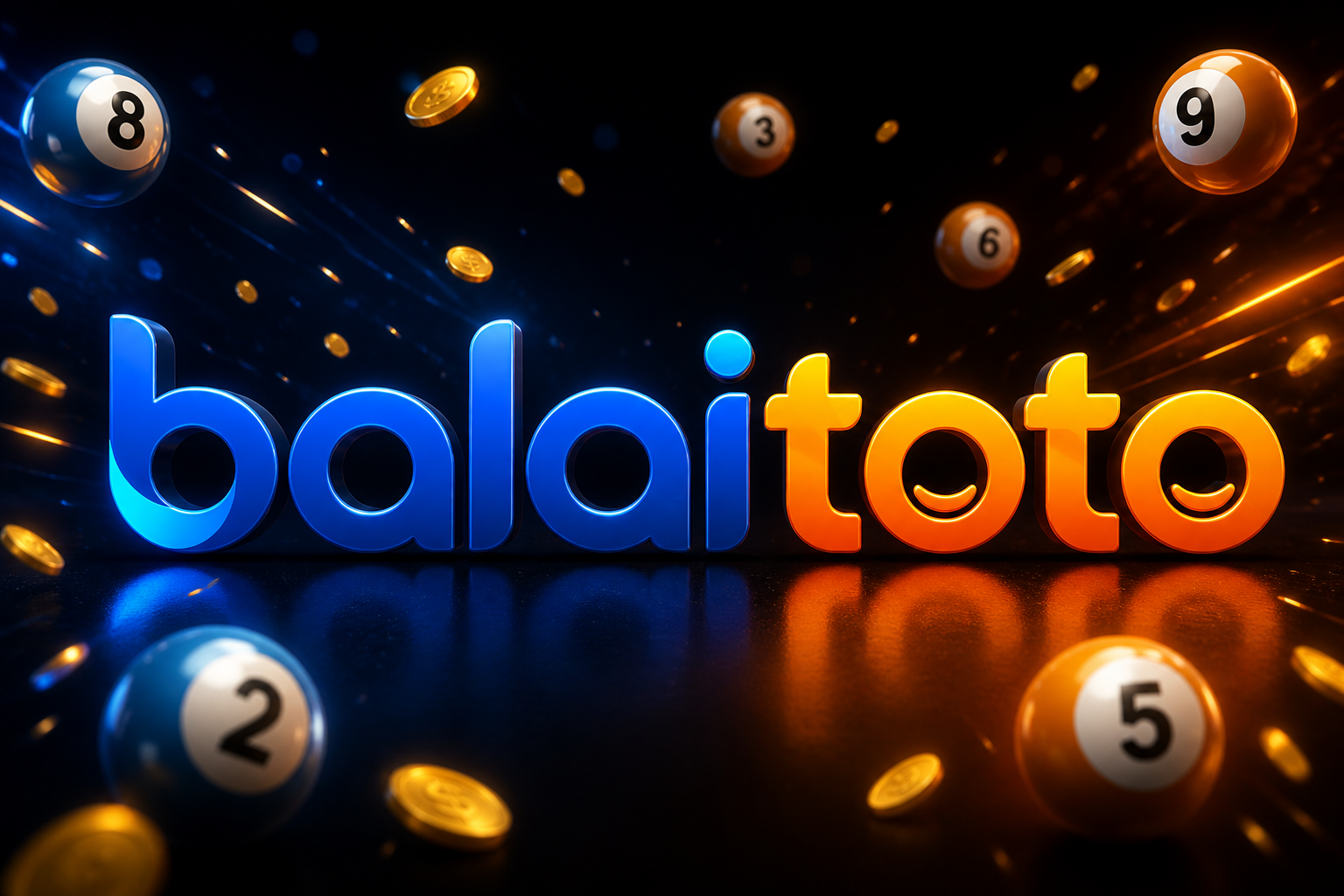Logo balaitoto hitam: kata balai biru dan toto oranye, huruf O tersenyum.