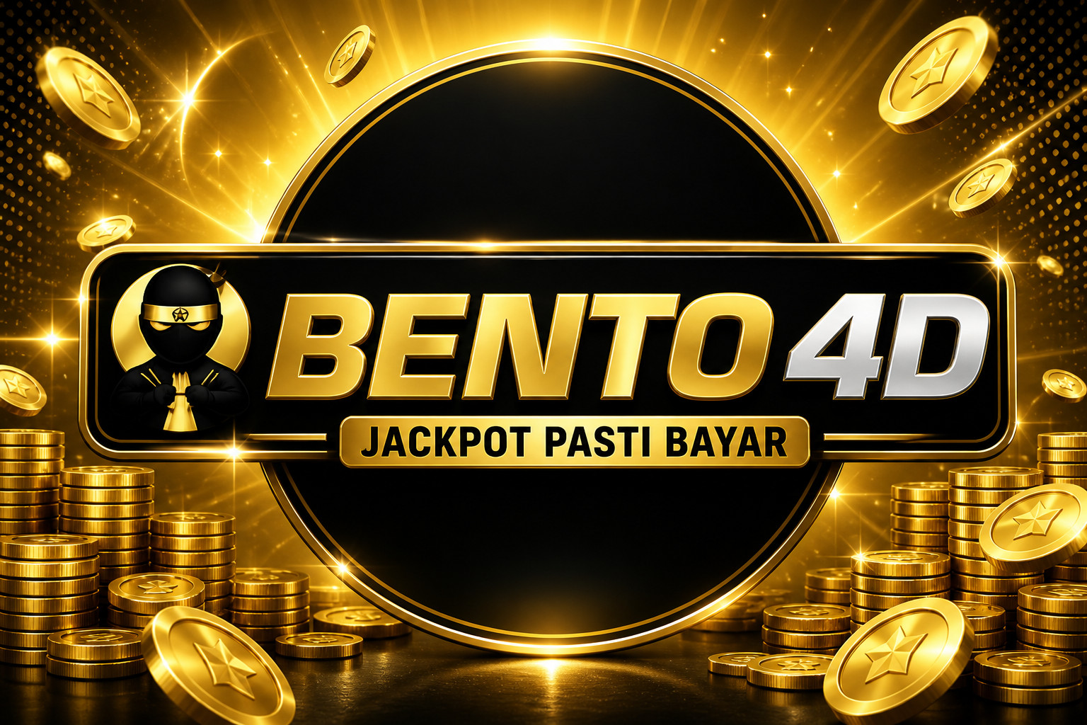 Emblem BENTO 4D: ninja, tulisan emas, dan JACKPOT PASTI BAYAR.