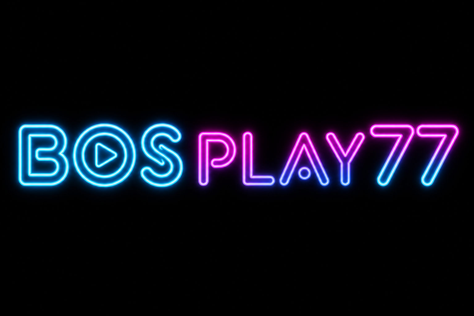 Neon BOSPLAY77: play di huruf O, cyan dan magenta.