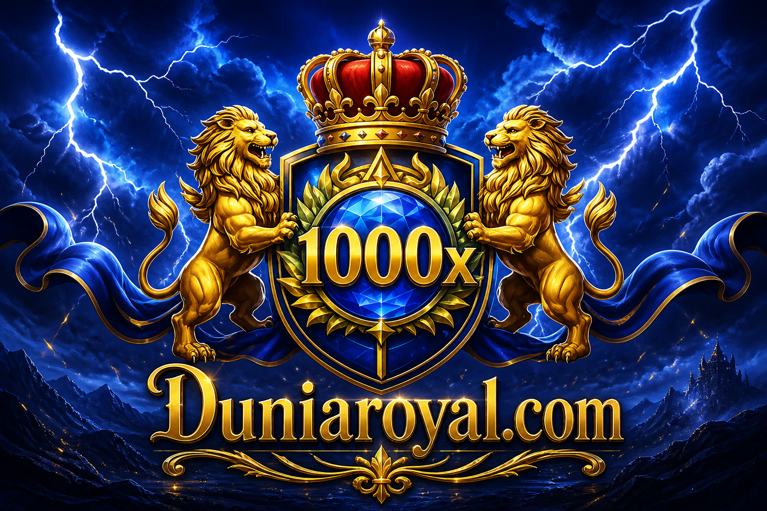 Duniaroyal: singa emas, mahkota, perisai 1000x, petir.
