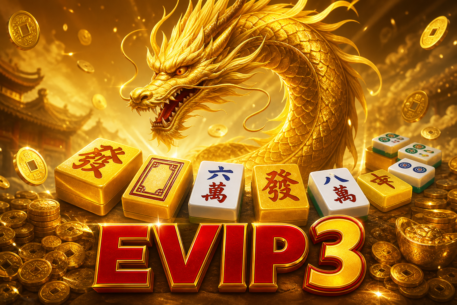 EVIP3: naga emas dan ubin 六萬, 發, 八萬.