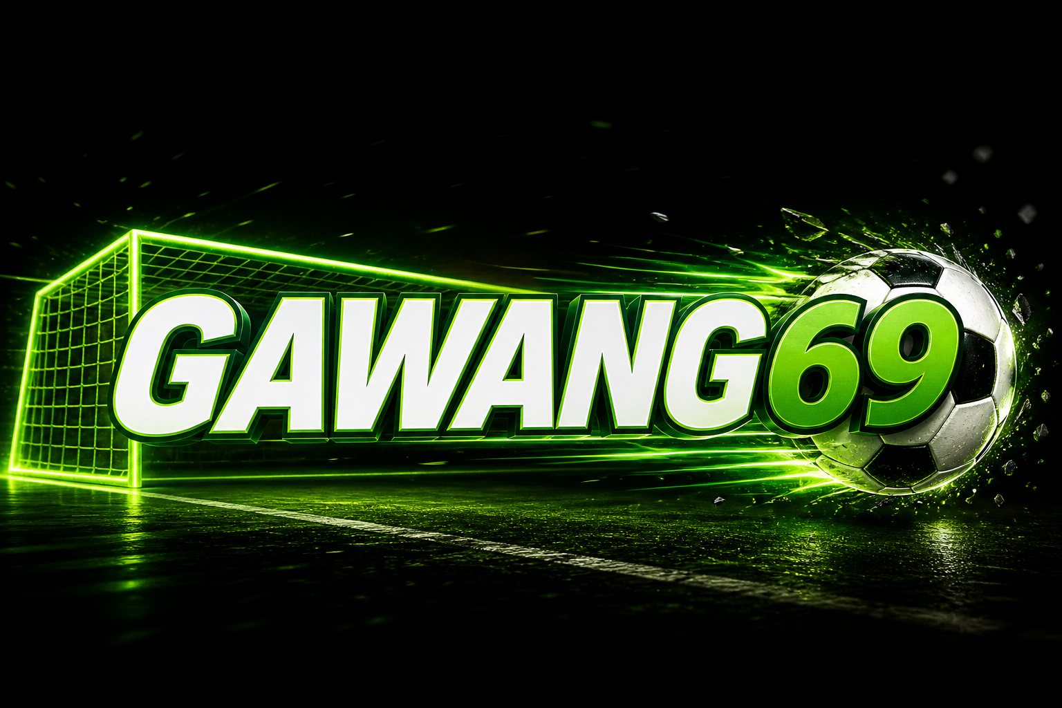 GAWANG69: gawang neon, teks, bola masuk angka 69.