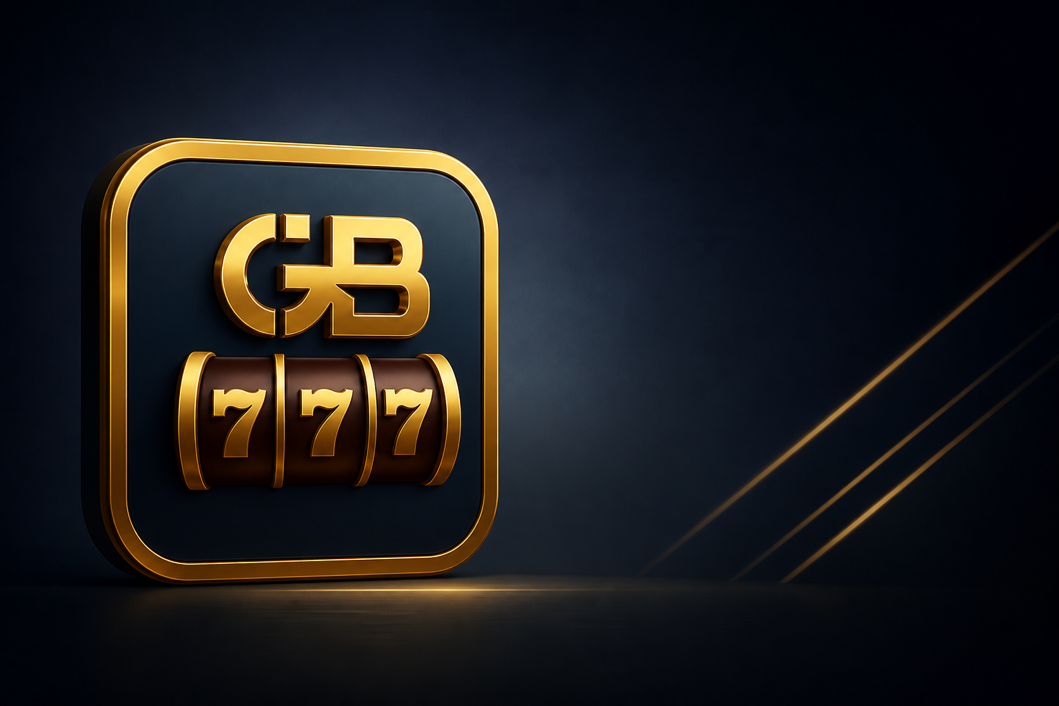 GB777: huruf GB emas dan reel 777 cokelat.