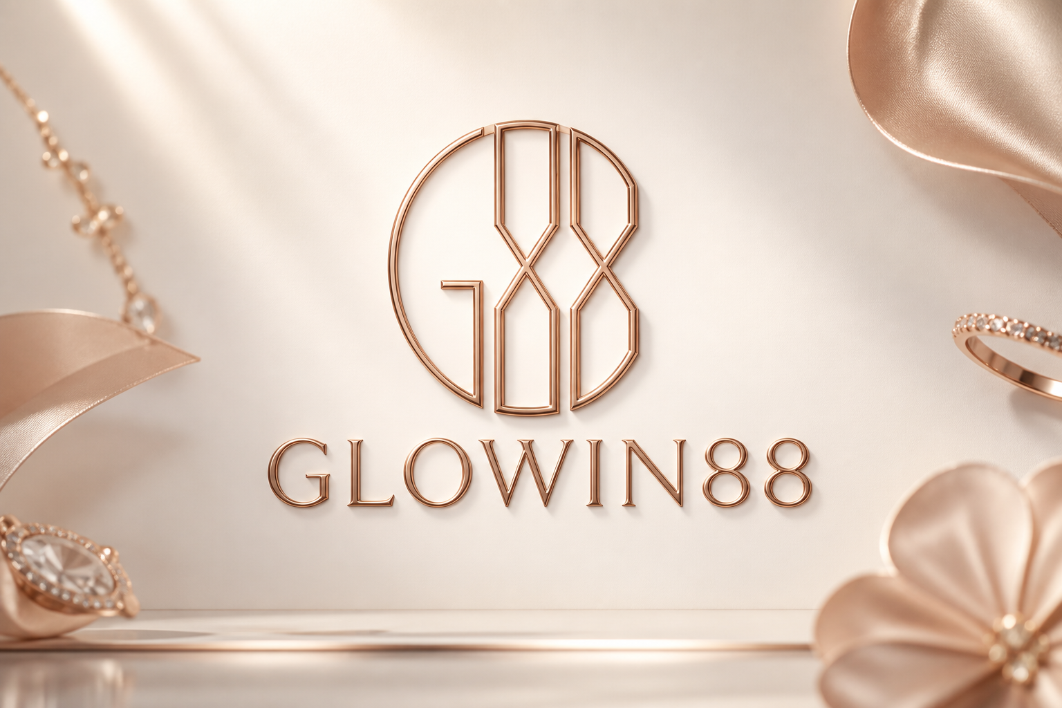 Monogram G88 rose gold dan teks GLOWIN88 di latar krem.