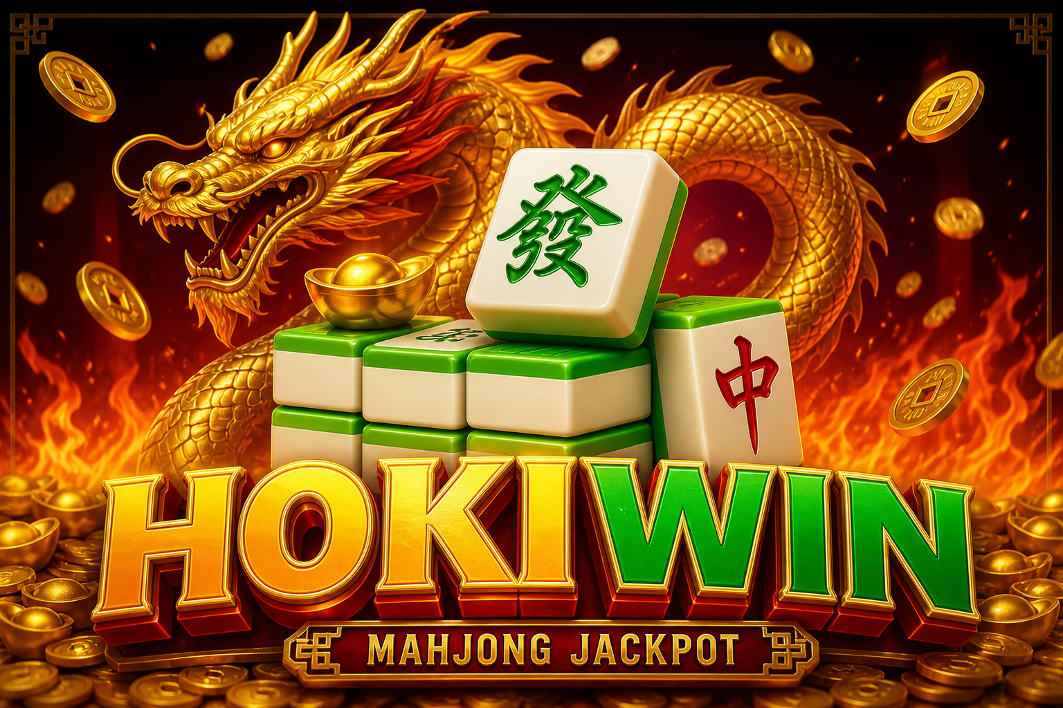 HOKIWIN: naga emas, ubin 發 dan 中, teks HOKIWIN.