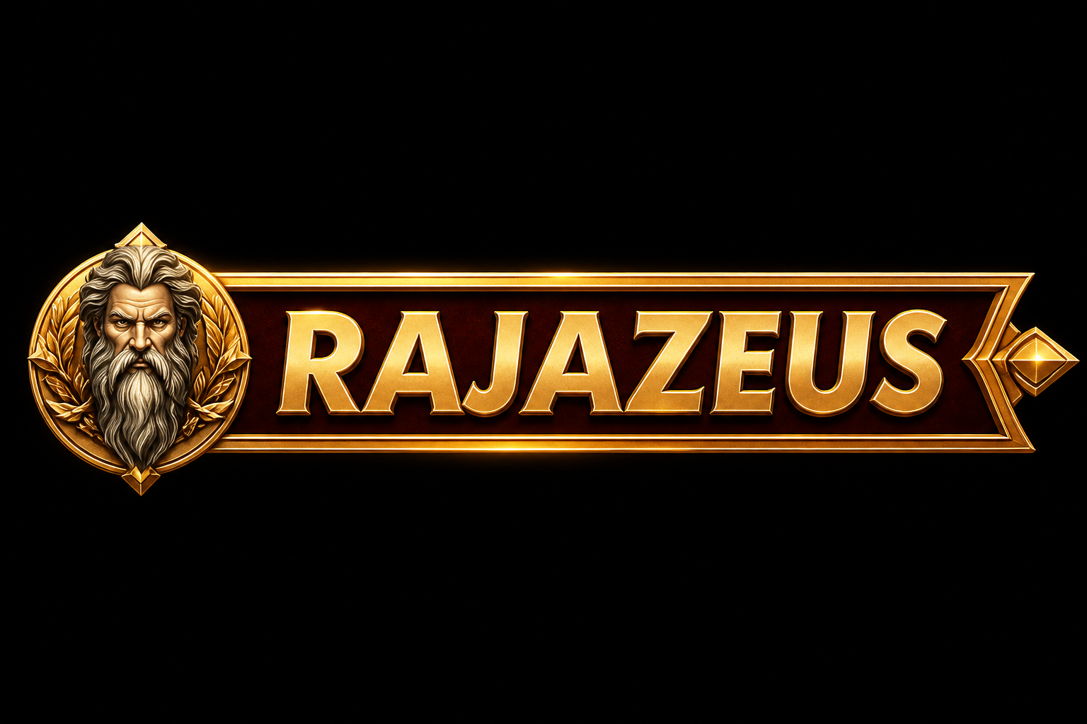 RAJAZEUS: kepala Zeus dan teks RAJAZEUS di pita emas.