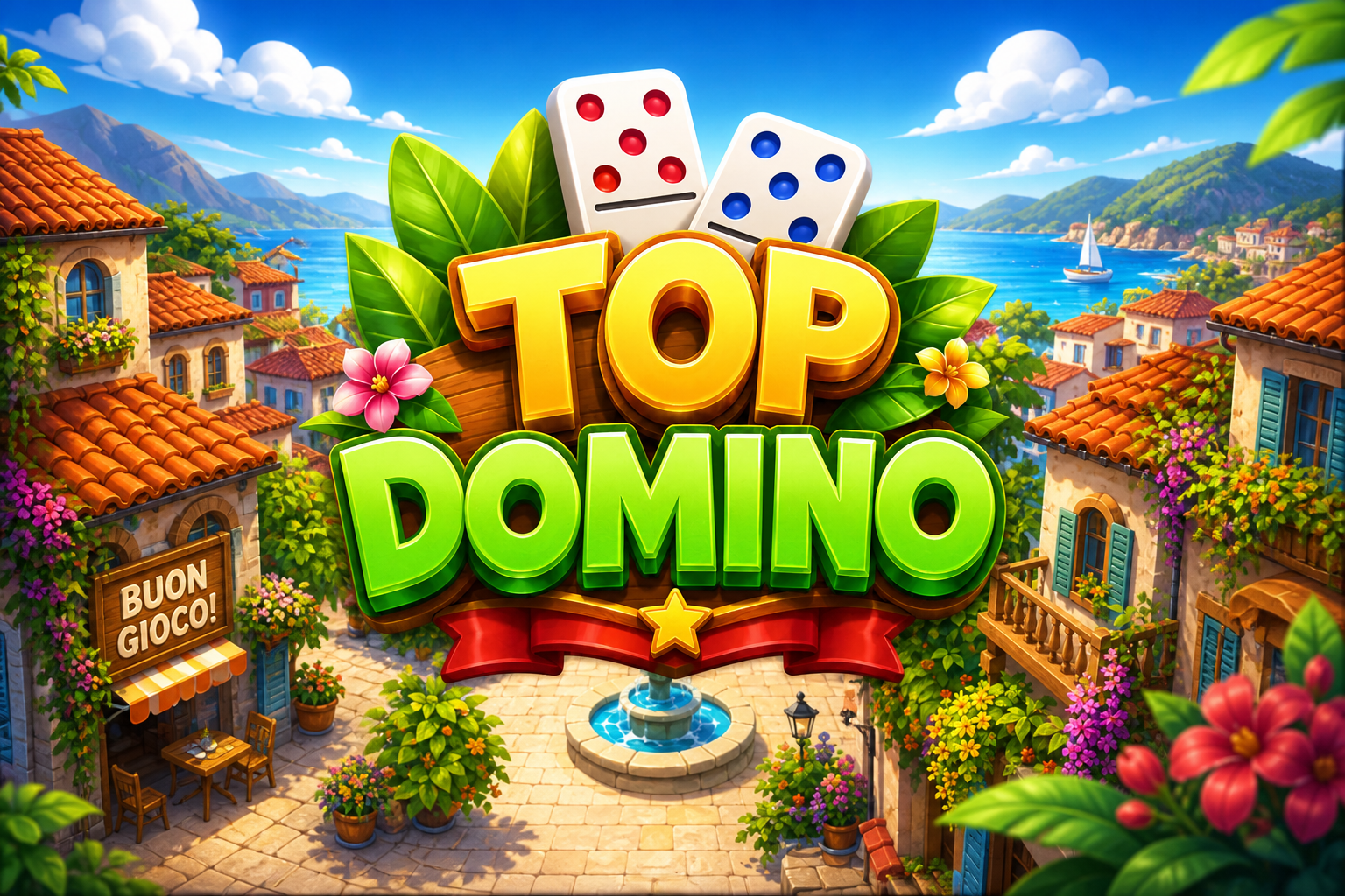 TOP DOMINO: desa pantai, dua batu domino, teks TOP DOMINO.